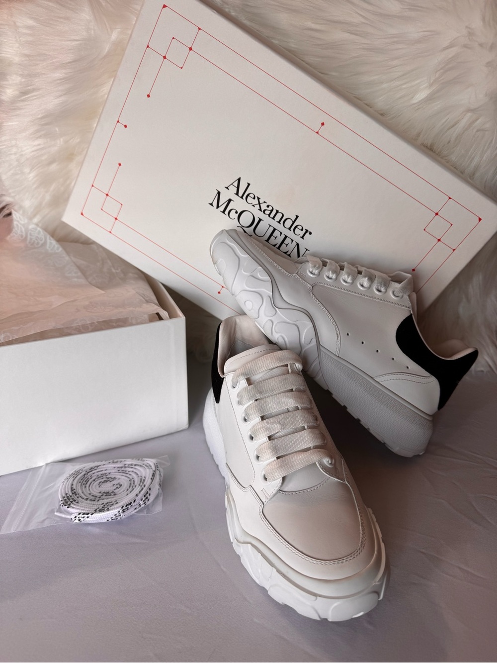 Alexander McQueen White Leather Platform Sneakers with Black Heel Tab